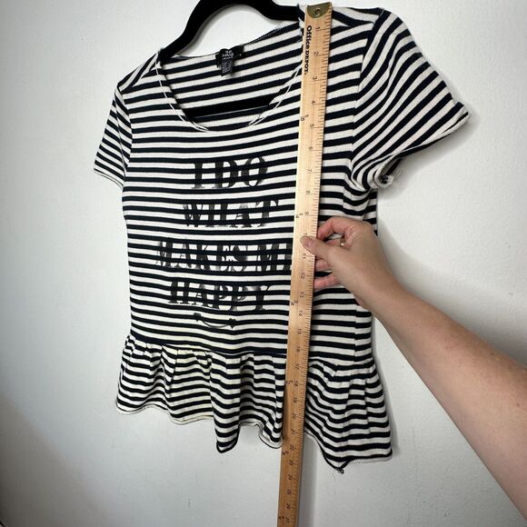 MNG Mango Black White Stripe I Do What Makes Me Happy Short Sleeve Ruffle Tee SM - Picture 6 of 9